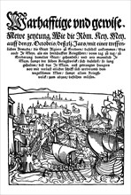 Titelbild und erste Zeile einer Zeitung ueber Karl V. der mit seiner Armada die Stadt Algier erobern will