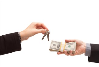 Handing over cash for keys isolated on a white background