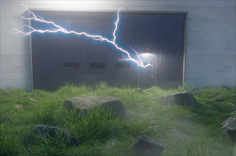 Lighting charge coming from cement wall and iron door with windows surrounded by large rocks in field