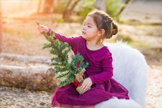 Cute mixed-race young baby girl holding small christmas tree outdoors