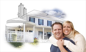 Happy hugging couple over house drawing and photo combination on white