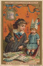 Picture series Girl playing with a doll: the little schoolmistress