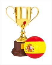 3d rendering of gold trophy cup and soccer football ball with Spain flag isolated on white background