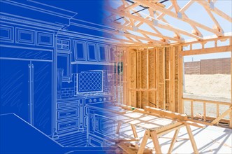 Custom kitchen blueprint design drawing gradating into house construction framing