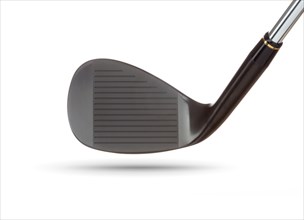 Face of black golf club wedge iron on white
