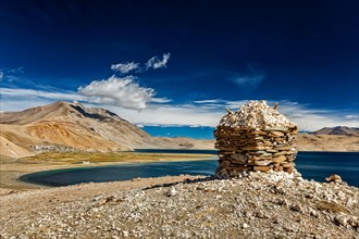 Stone cairn at Himalayan lake Tso Moriri