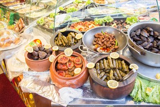 Turkish cuisine with Traditional dishes in view