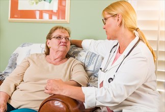Happy smiling doctor or nurse talking to senior woman in chair at home