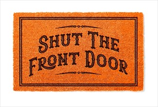 Shut the front door halloween orange welcome mat isolated on white background