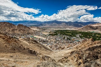 View of Leh city in Indus valley from above in Himalayas