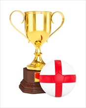 3d rendering of gold trophy cup and soccer football ball with England flag isolated on white background