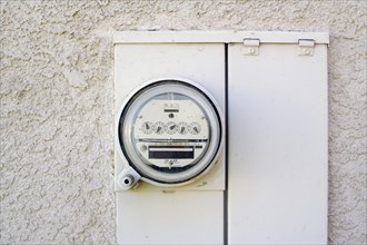 Electric meter on outside stucco wall