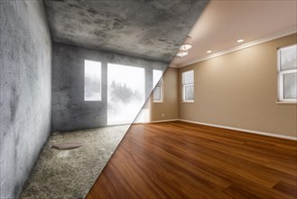 Unfinished raw and newly remodeled room of house with finished wood floors