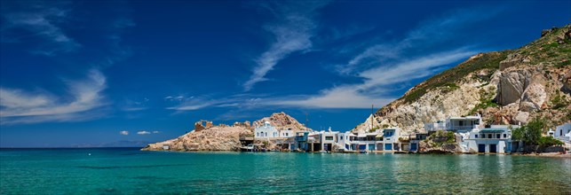 Panorama of the beach and fishing village of Firapotamos in Milos island