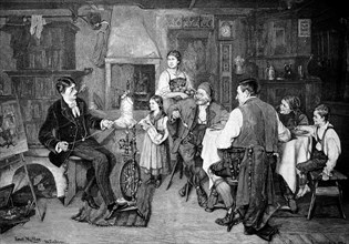 Scene in a bourgeois living room in the 19th century. A man at the spinning wheel