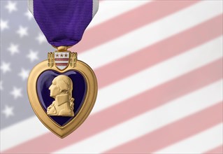 Purple heart miltary merit medal against ghosted american flag