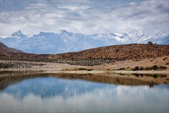 Himalayas mountains refelcting in mountain lake Dhankar Lake