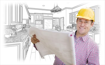 Smiling contractor holding blueprints over custom kitchen drawing