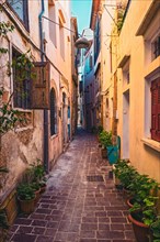 Scenic picturesque streets of Chania venetian town with coloful old houses. Chania greek village in the morning. Chanica