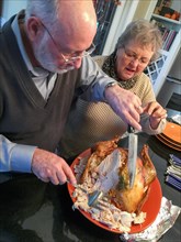 Senior adult couple cutting the holiday Turkey together in the kitchen
