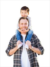 Happy mixed-race chinese boy riding piggyback on shoulders of caucasian father isolated on white