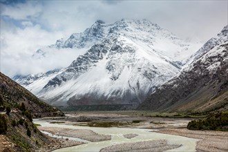 Himalayan landscape scenery in Lahaul valley in Himalayas with snowcapped mountains