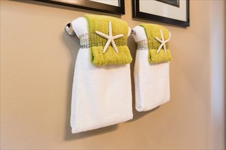 Beautiful star fish decor detail of towels hanging in bathroom