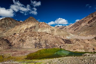 Himalayan landscape with mountain lake in Himalayas along Manali-Leh highway. Himachal Pradesh