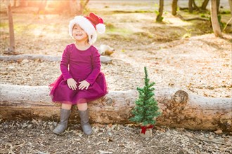 Cute mixed-race young baby girl having fun with santa hat and christmas tree outdoors on log