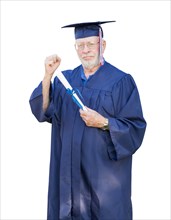 Proud senior man and graduate in hat and gown holding diploma isolated on a white background