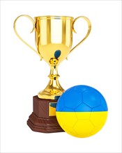 3d rendering of gold trophy cup and soccer football ball with Ukraine flag isolated on white background