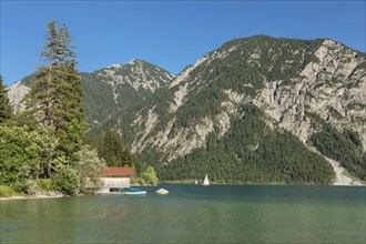 Sailing boats in summer on the Plansee lake near Reutte