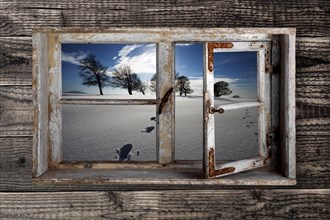 View through a rustic wooden window into a winter landscape