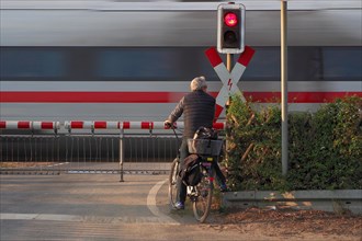 Man on bicycle in front of red traffic light at level crossing and passing train