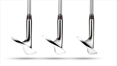 Toes of golf club wedge irons showing various loft angles of faces on white background