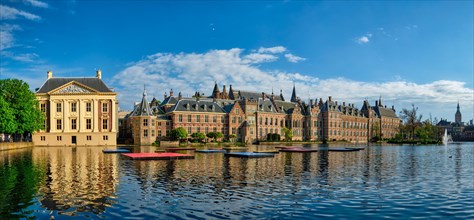 Panorama of the Binnenhof House of Parliament and Mauritshuis museum and the Hofvijver lake. The Hague