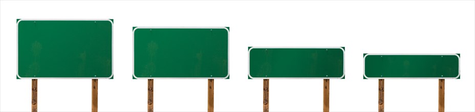 Set of different sized blank green road signs isolated on a white background