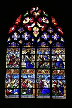 Leaded glass window Birth of Jesus in the Collegiate Church of Notre-Dame-en-Vaux
