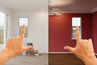 Female hands framing before and after deep red painted walls in empty room of house