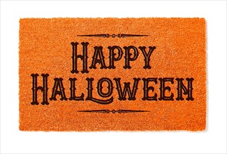 Happy halloween orange welcome mat isolated on white background