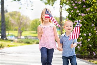 Young sister and brother waving american flags at the park