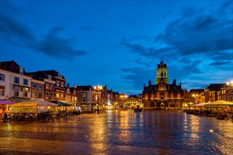 Delft City Hall and Delft Market Square Markt in the evening