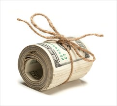 Roll of one hundred dollar bills tied in burlap string on white