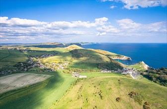 Anorama over Jurassic Coast and Clifs and Lulworth Cove from a drone