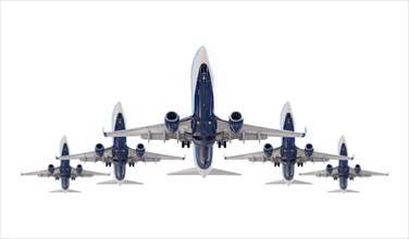 Five passenger airplanes in formation isolated on a white background