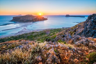 Island Gramvousa and the beautiful Balos beach on sunset in Crete island