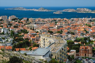 View of Marseille town and Chateau d'If castle famous historical fortress and prison on island in Marseille bay