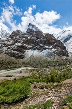 Himalayan landscape scenery in Lahaul valley in Himalayas with snowcapped mountains