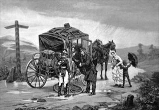 A horse-drawn carriage with a breakdown