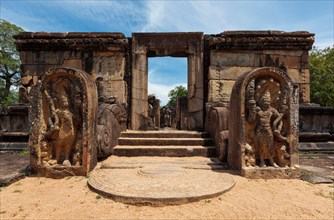 Entrance with stairs with moonstone in ruins in Quadrangle group in ancient city Pollonaruwa